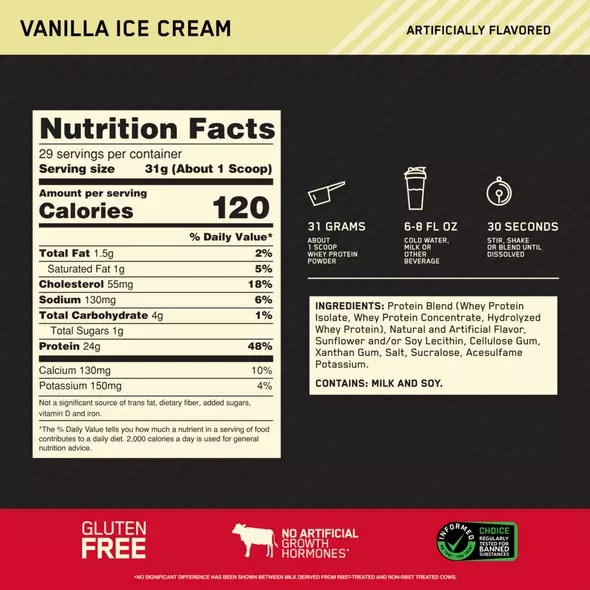 Optimum Nutrition GOLD STANDARD 100% WHEY™ Recyclable Refill Bag Vainilla Ice Cream 2 lb (29 Servings) Chile | 527-DACHYS